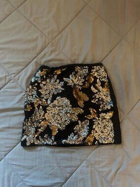 Black Sequin Floral Mini Skirt with Gold & Silver Accents